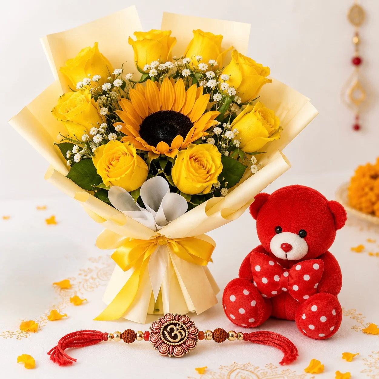 Sunny Blessings Rakhi Bouquet with 8 yellow roses, sunflower, red teddy and sacred Om rakhi